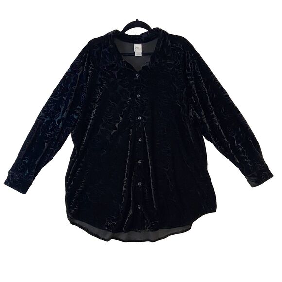 Just My Size Velvet Shirt Womens 3X Black Floral Button Up Witchy Whimsigoth - Picture 1 of 6